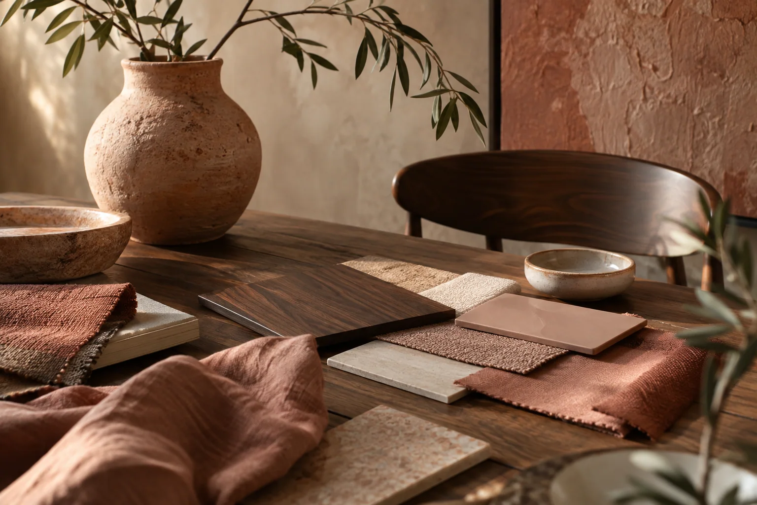 Illustrative terracotta fabrics, walnut and ceramic styling materials